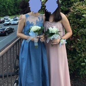 Oleg Cassini blue prom dress with lace and embroidery